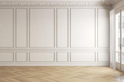 Beige-white classic empty interior with blank wall and moldings. 3d render illustration mock up.